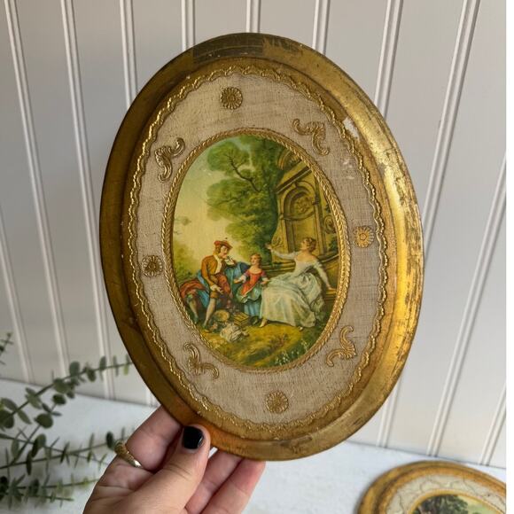 Vintage Other - Vintage Italian Florentine Oval Wood Plaque Gold Gilt Rococo Garden Flying Kite